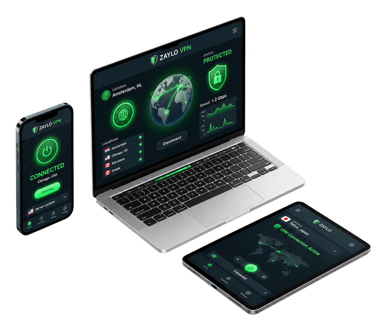 Zaylo VPN running on phone, tablet, and laptop